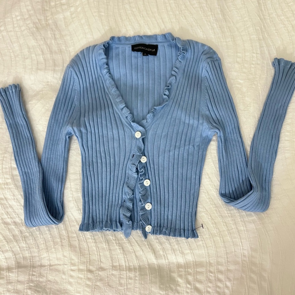 ribbed ruffle/lettuce edge button up long sleeve top/cardigan/sweater